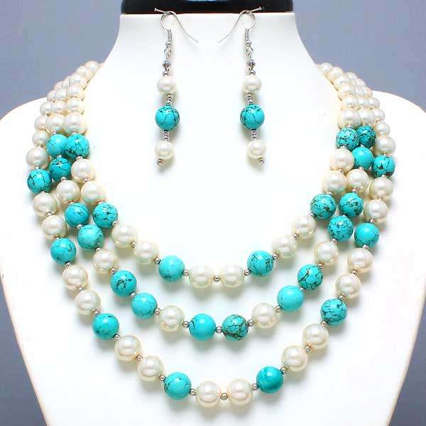 PEARLS AND TURQUOISE NATURAL BEAD NECKLACE SET