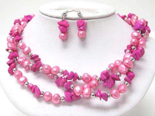 PINK NATURAL PEARL & SILVER BEADS NECKLACE SET