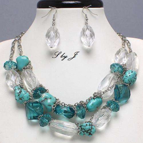 BLUE ZIRCON CRYSTAL & TURQUOISE NATURAL STONE NECKLACE SET
