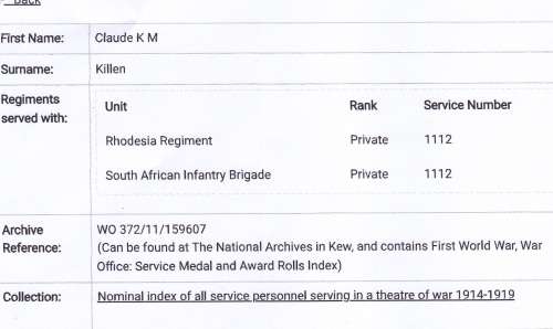 WW1 BRITISH WAR MEDAL Awarded To PTE. C.K.M. KILLEN RHOD. 1ST. S.A.I. BGDE Prisoner Of WAR