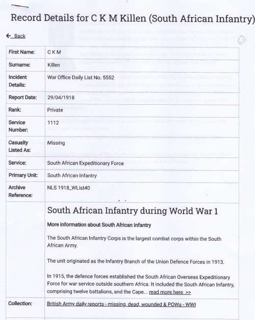 WW1 BRITISH WAR MEDAL Awarded To PTE. C.K.M. KILLEN RHOD. 1ST. S.A.I. BGDE Prisoner Of WAR