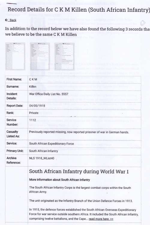 WW1 BRITISH WAR MEDAL Awarded To PTE. C.K.M. KILLEN RHOD. 1ST. S.A.I. BGDE Prisoner Of WAR