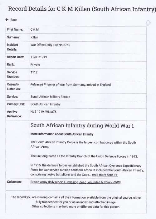 WW1 BRITISH WAR MEDAL Awarded To PTE. C.K.M. KILLEN RHOD. 1ST. S.A.I. BGDE Prisoner Of WAR