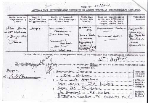 Boer War - ABO Medal Awarded To  BURGER W. BOTHA                      No.19