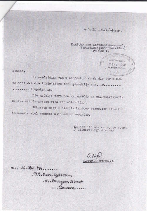 Boer War - ABO Medal Awarded To  BURGER W. BOTHA                      No.19