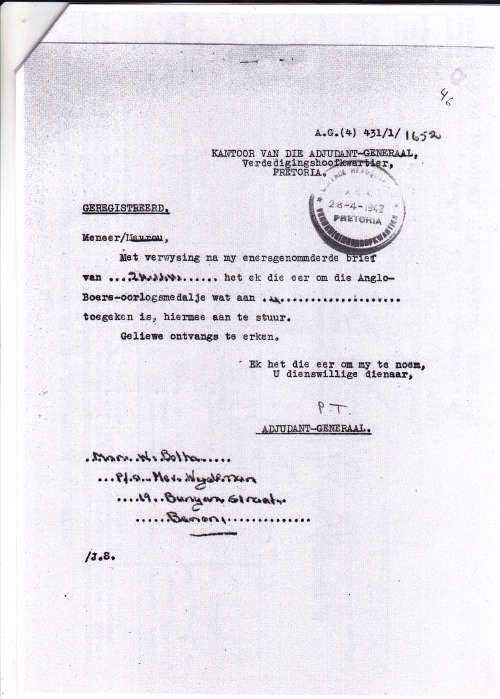 Boer War - ABO Medal Awarded To  BURGER W. BOTHA                      No.19