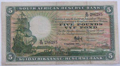 MH de Kock 1st ISSUE Five Pounds / Vyf  Pond  Banknote VF.