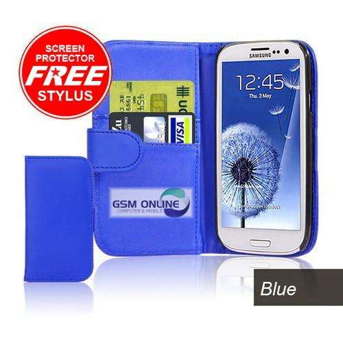 PU Leather Wallet Flip Case for Samsung Galaxy S3 i9300 (Blue) + Screen Protector + Stylus