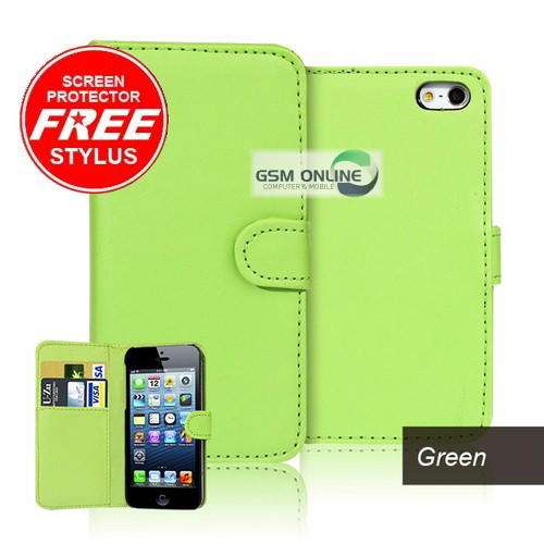 Apple iPhone 5 Wallet Flip Case (Green) + Screen Protector + Stylus