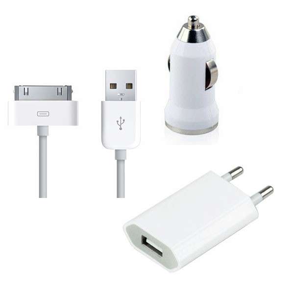 Apple iPhone 4 4S USB Charger Set - USB Car Charger / USB Power adapter / 30 Pin Cable