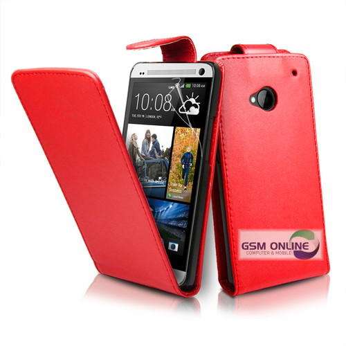Red Flip Case for HTC One M7 + Screen Protector