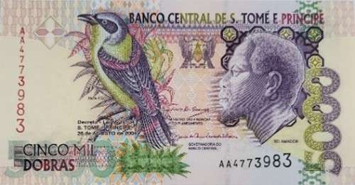 2004 S. Tome E Principe 5000 Dora`s Banknote in Uncirculated and Crisp Condition.