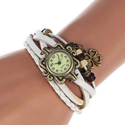 Fashion Style Watch with Four-leaf Clover Pendant  Leather Watch - WHITE