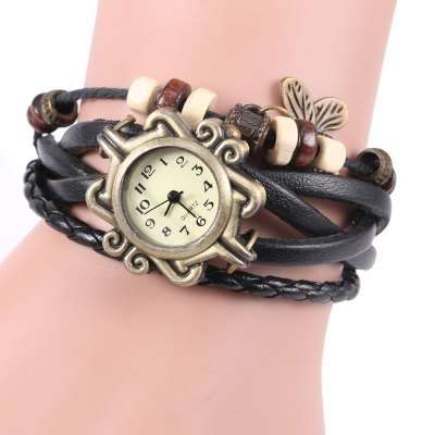 Vintage Style Watch with Butterfly Pendant and Knitting Leather Watch Band  - BLACK