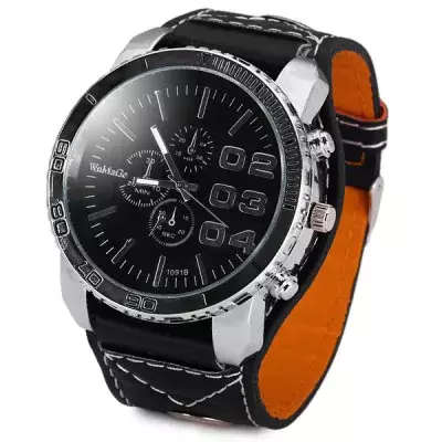 WOMAGE1091B Men Pointer Quartz Watch (PU Watchband + Stainless Steel Back + Round Dial + Pin Buckle)