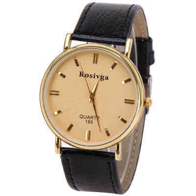 Rosivga Brand Men Watch with Quartz Round Dial Leather Watchband  -  GOLDEN