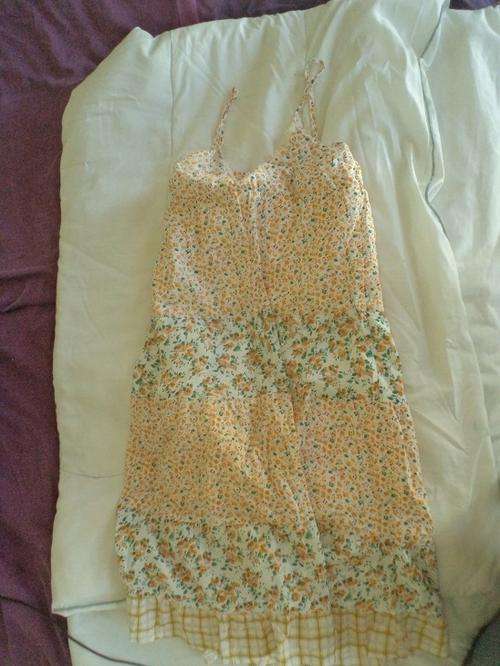 Girls knee length strappy dress  with lining (yellow and green floral print) age 9 -10