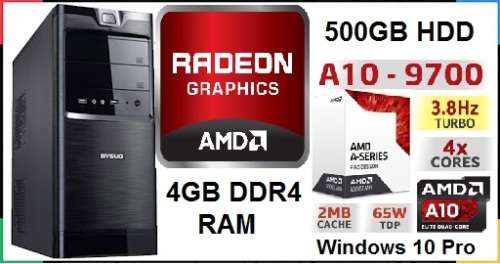 **3.8GHz Quad Core AMD A10-9700 CPU**Radeon R7 Graphics**500GB HDD**4GB DDR4 Ram**Windows 10 Pro**