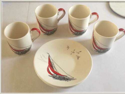 1950-1960`s  - 4 x Demitasse Cups and Saucer Duo -  Vintage `Red Regatta` -  Palissy -  Staffordshir