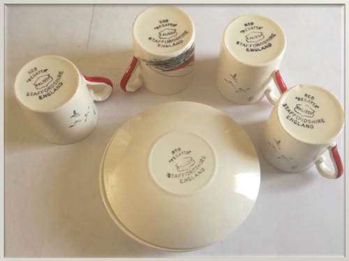 1950-1960`s  - 4 x Demitasse Cups and Saucer Duo -  Vintage `Red Regatta` -  Palissy -  Staffordshir