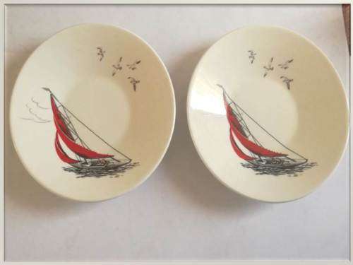 1950-1960`s  - 4 x Demitasse Cups and Saucer Duo -  Vintage `Red Regatta` -  Palissy -  Staffordshir