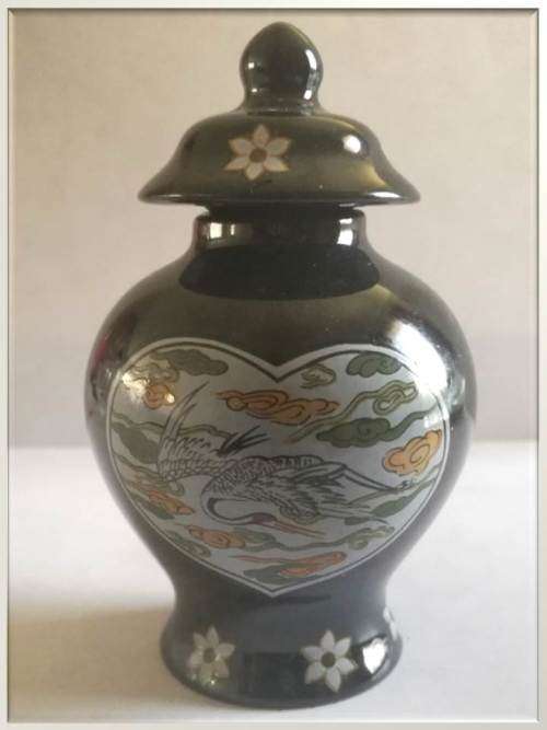 Miniature Japanese c1980s Limited Edition  Vases - Black with Pelican