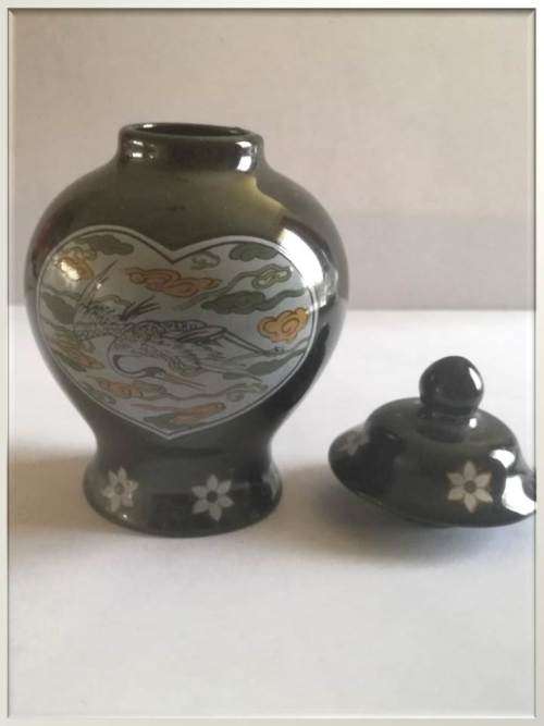 Miniature Japanese c1980s Limited Edition  Vases - Black with Pelican