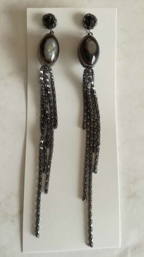 Grey/Blue Stone with Long Dangle Earrings