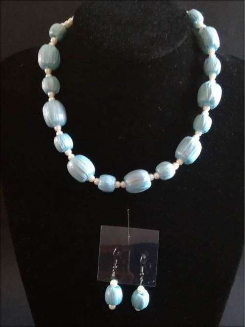2 Piece  - Light Blue Ovals with white plastic Beads