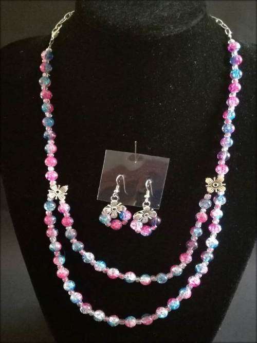 2 Piece - Blue and Pink with Silver tone Flowers