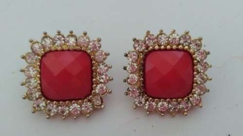 Red Square and Diamanté Clip on Earrings