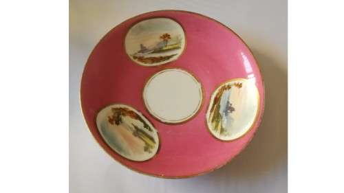 Set of 5 - Pink Saucers with 3 Seascapes with Stone Ruins -  #1449