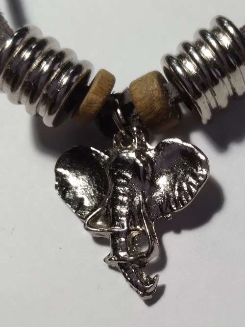 Adjustable faux leather pewter bracelet -  Elephant