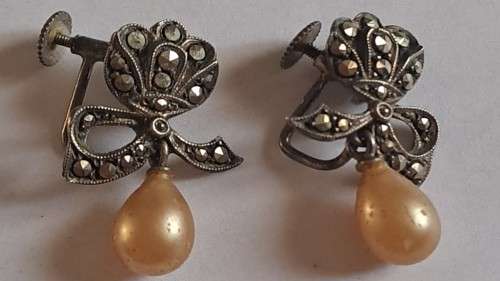 Vintage `sterling` screw-back marcasite earrings with faux pearl (?) earrings
