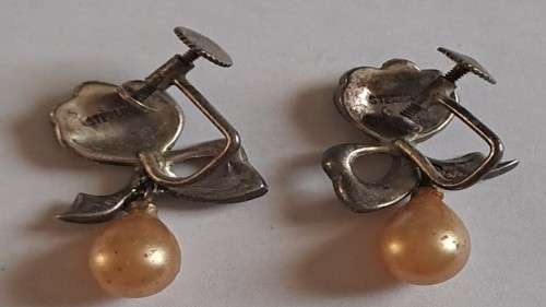 Vintage `sterling` screw-back marcasite earrings with faux pearl (?) earrings