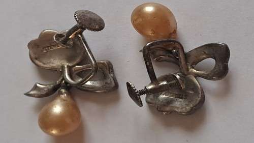 Vintage `sterling` screw-back marcasite earrings with faux pearl (?) earrings