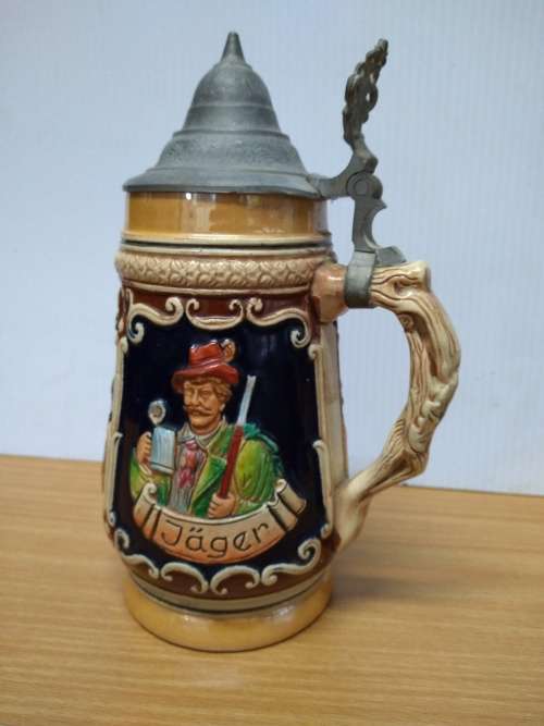 Vintage Jäger and Dirnd`l Stein with Pewter Lid