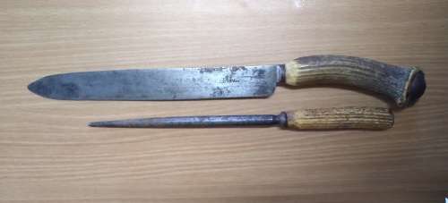 Antique J.Rodgers Carving Knife and Wade Wingfield Robotham Sharpening Steel with Stag Handles