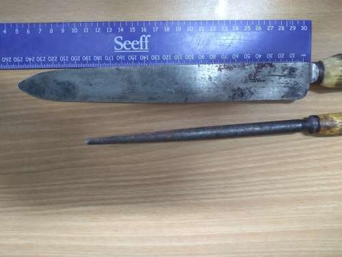 Antique J.Rodgers Carving Knife and Wade Wingfield Robotham Sharpening Steel with Stag Handles