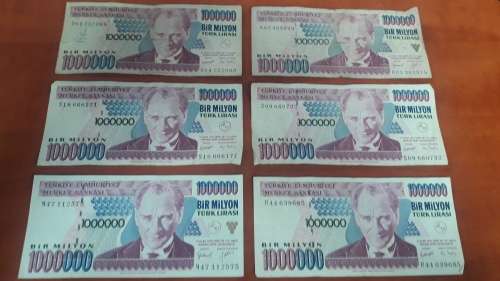 Lot of 6 1970`s 1 000 000 Old Turkish Lira Notes