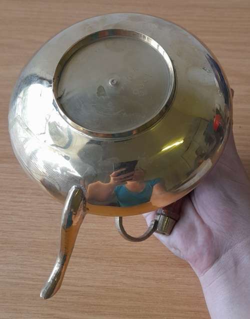 Vintage Small Brass Teapot Etched With Wood Handle Footed Indian