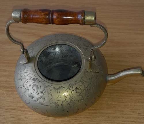 Vintage Small Brass Teapot Etched With Wood Handle Footed Indian