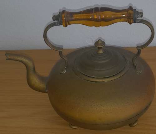 Antique Brass Teapot With Vintage Amber Glass Handle