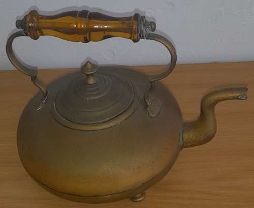 Antique Brass Teapot With Vintage Amber Glass Handle