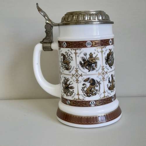 Original BMF Bierseidel German Beer Stein White Milk Glass Horoscope Design