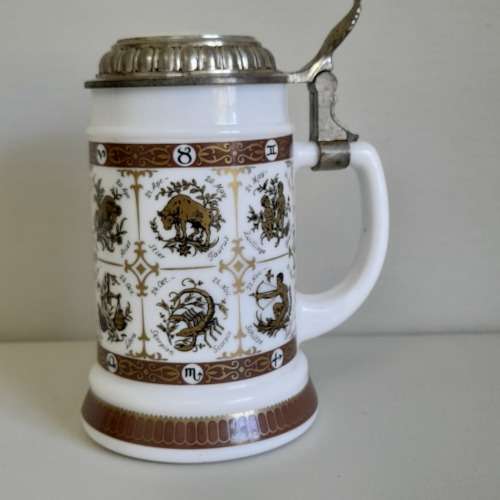Original BMF Bierseidel German Beer Stein White Milk Glass Horoscope Design