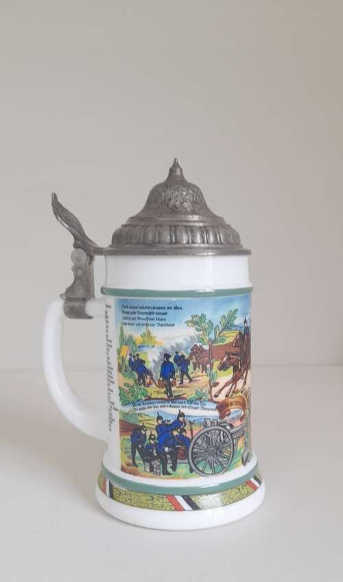 Original BMF Bierseidel Regimental German Milk Glass Pewter Lidded Beer Stein