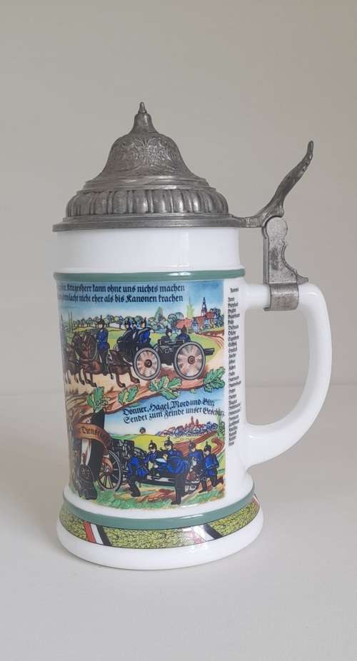 Original BMF Bierseidel Regimental German Milk Glass Pewter Lidded Beer Stein