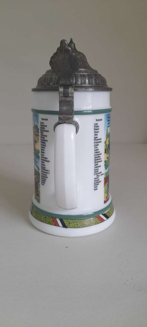 Original BMF Bierseidel Regimental German Milk Glass Pewter Lidded Beer Stein