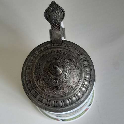 Original BMF Bierseidel Regimental German Milk Glass Pewter Lidded Beer Stein
